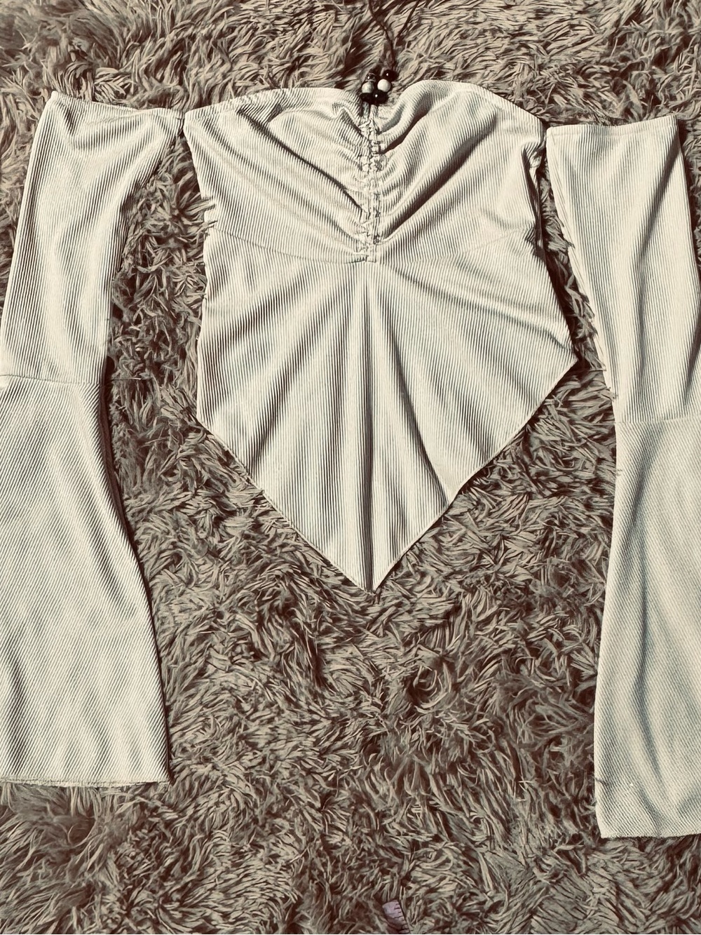 Off-Shoulder Ivory Handkerchief Hem Ribbed Top - Picture 4 of 5